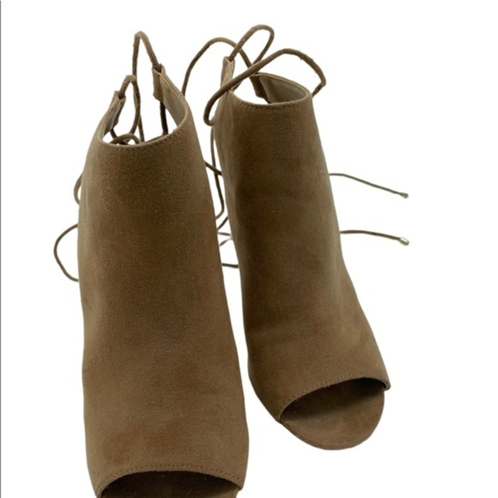 Aldo Tan Faux‎ Suede Lace Up Back Open Toe Stiletto Ankle Booties Camel Heels